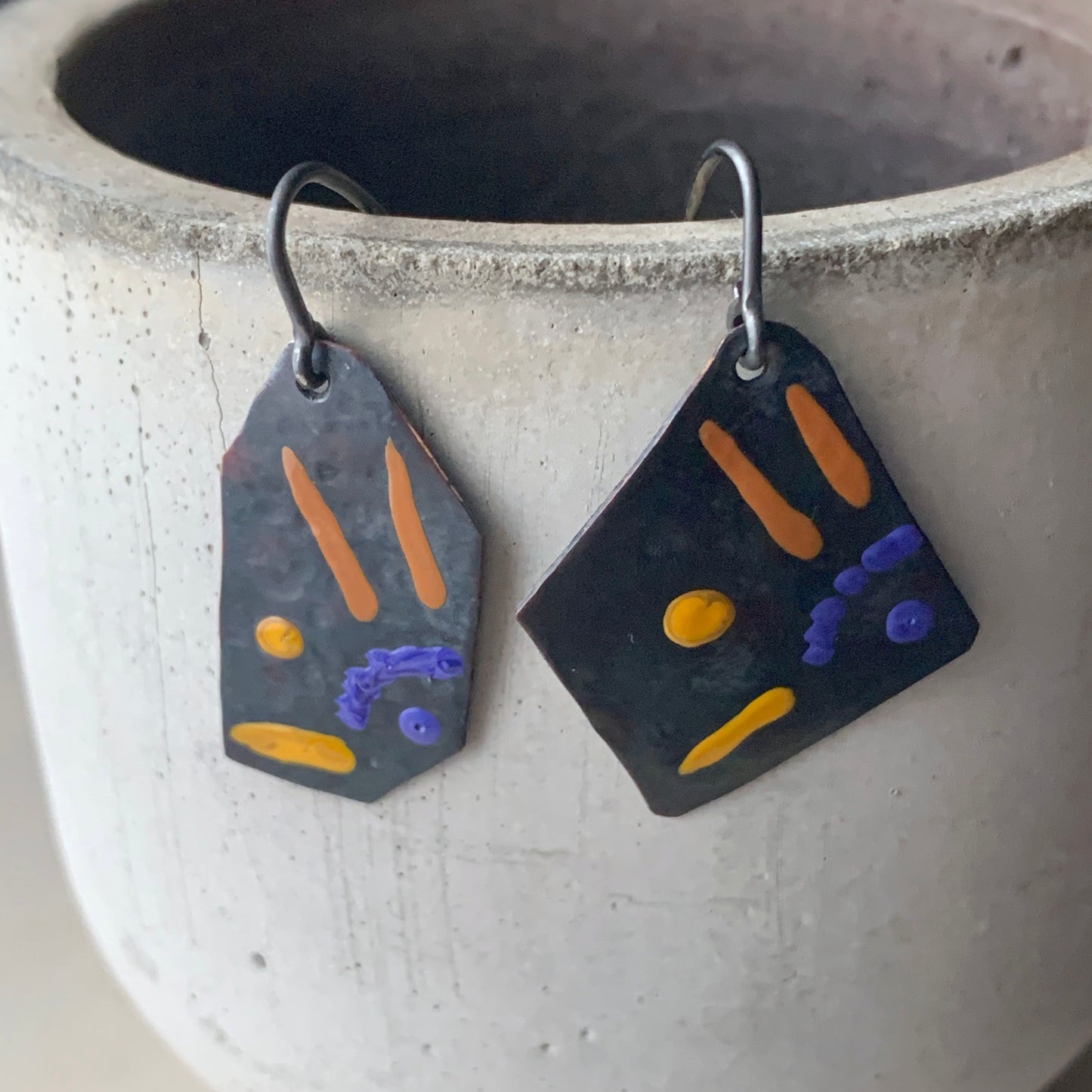 Enameled copper and silver earrings 'Fish in Purple, Ochre and Bronze'