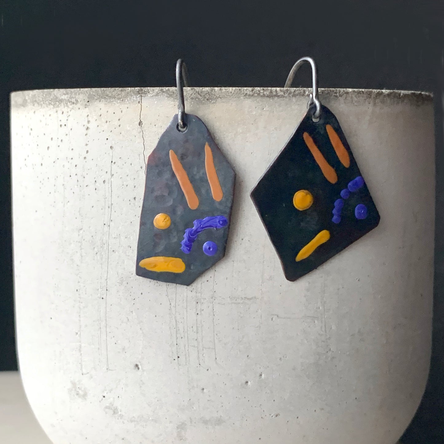 Enameled copper and silver earrings 'Fish in Purple, Ochre and Bronze'