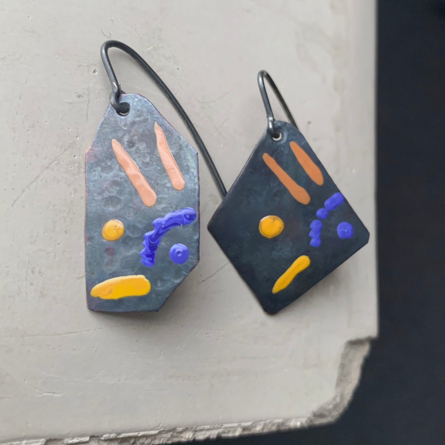 Enameled copper and silver earrings 'Fish in Purple, Ochre and Bronze'