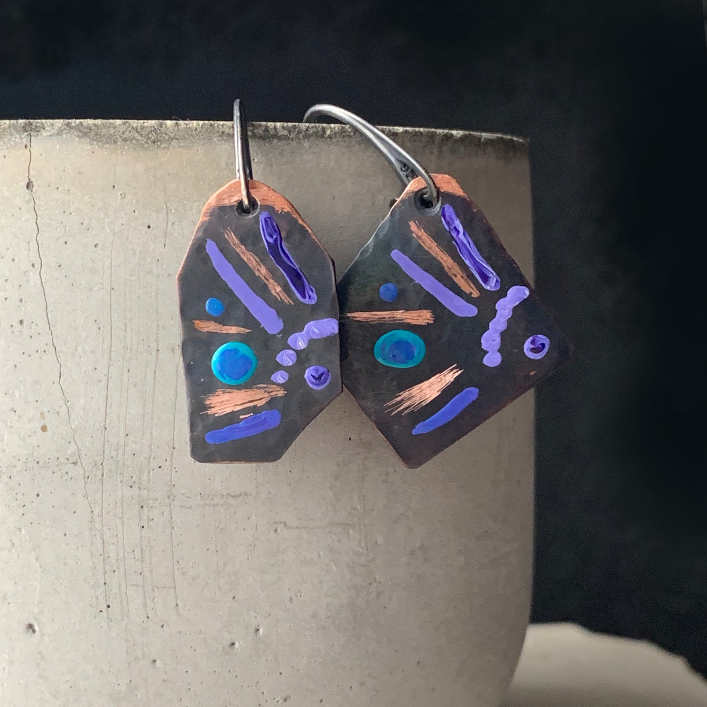 Copper earrings of irregular shape, enameled and engraved 'Fish with Turquoise and Violet'