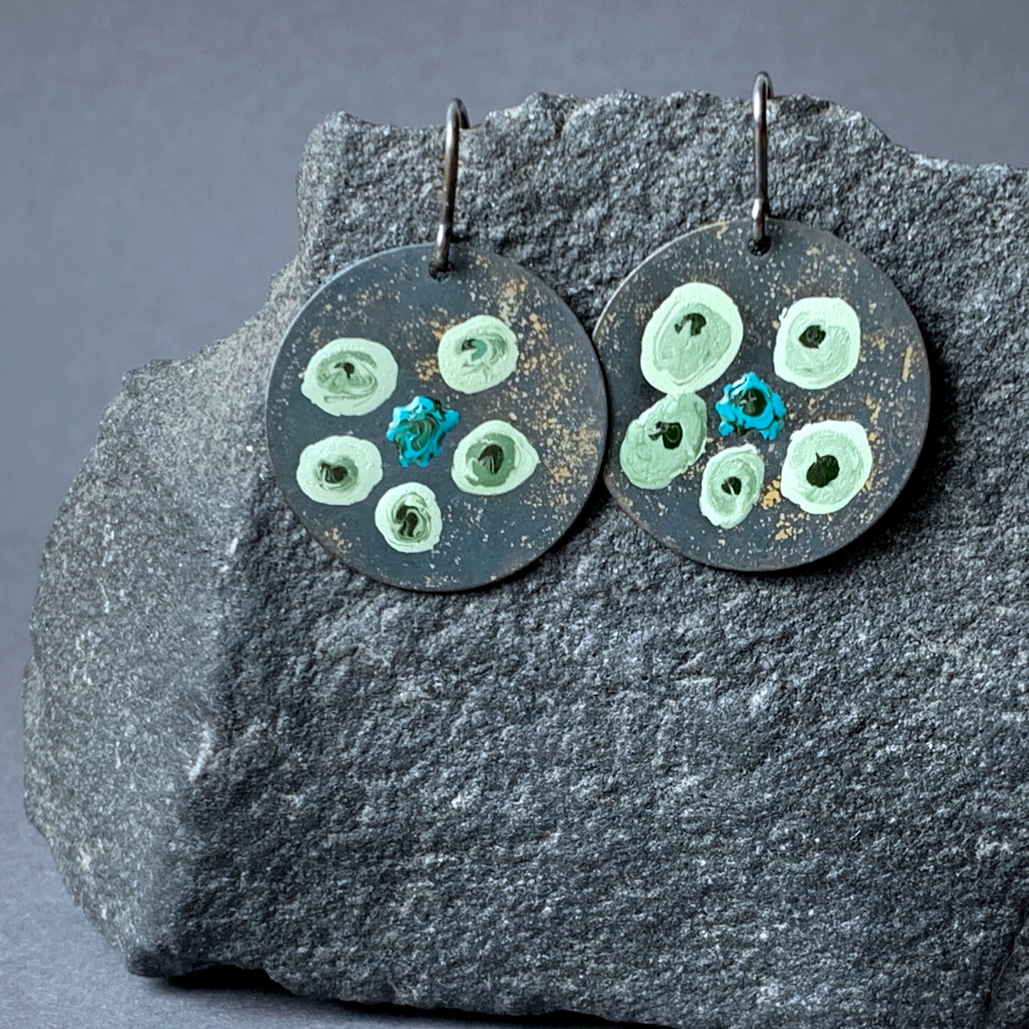 Hand-painted earrings in brass & silver 'Flowers in Green - Sophisticated Mint'