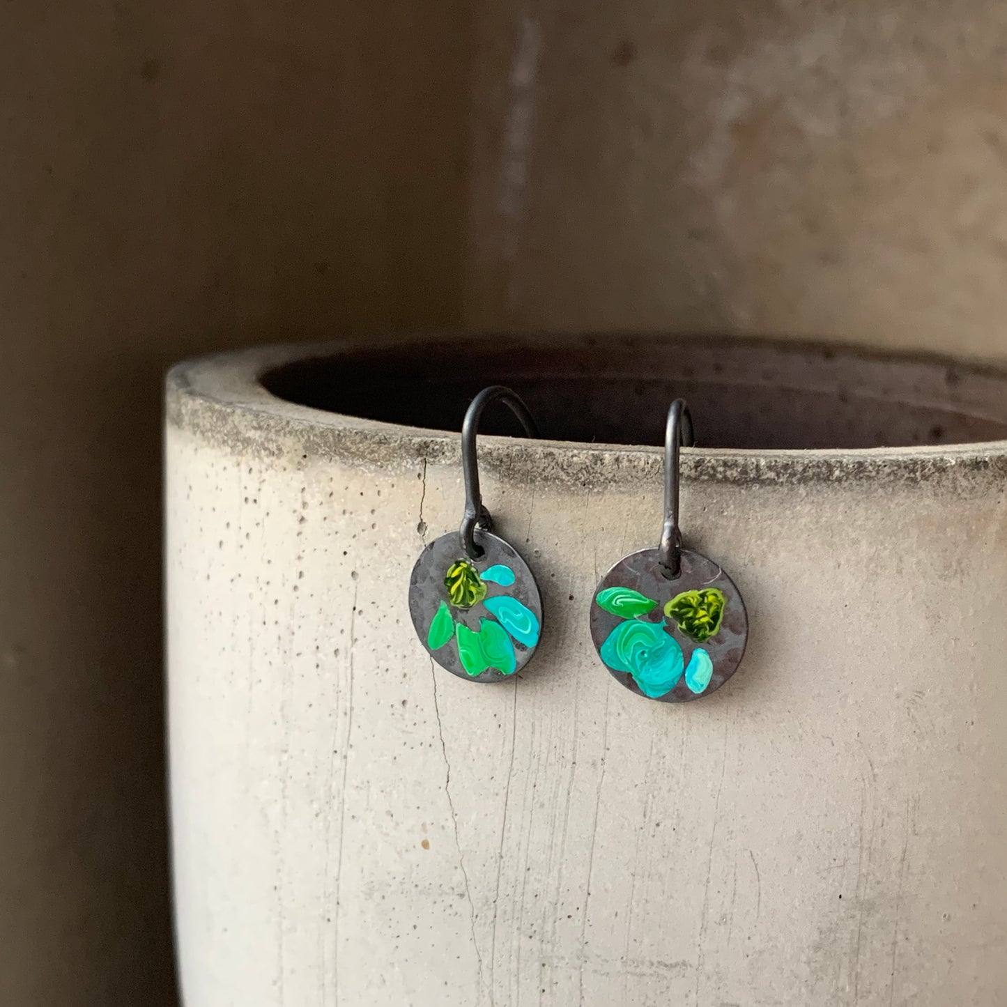 Enameled silver earrings 'Field Flowers - Turquoise with Blue'