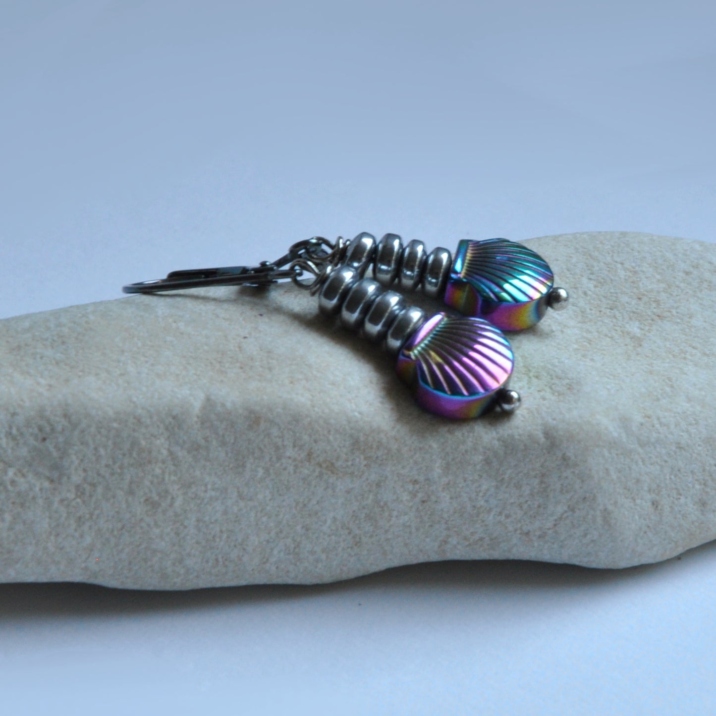 Silver earrings with hematite shells 'Sea Tales'