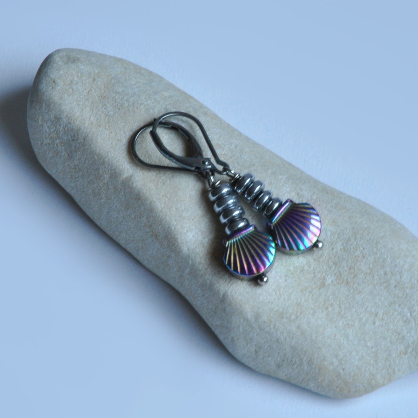 Silver earrings with hematite shells 'Sea Tales'