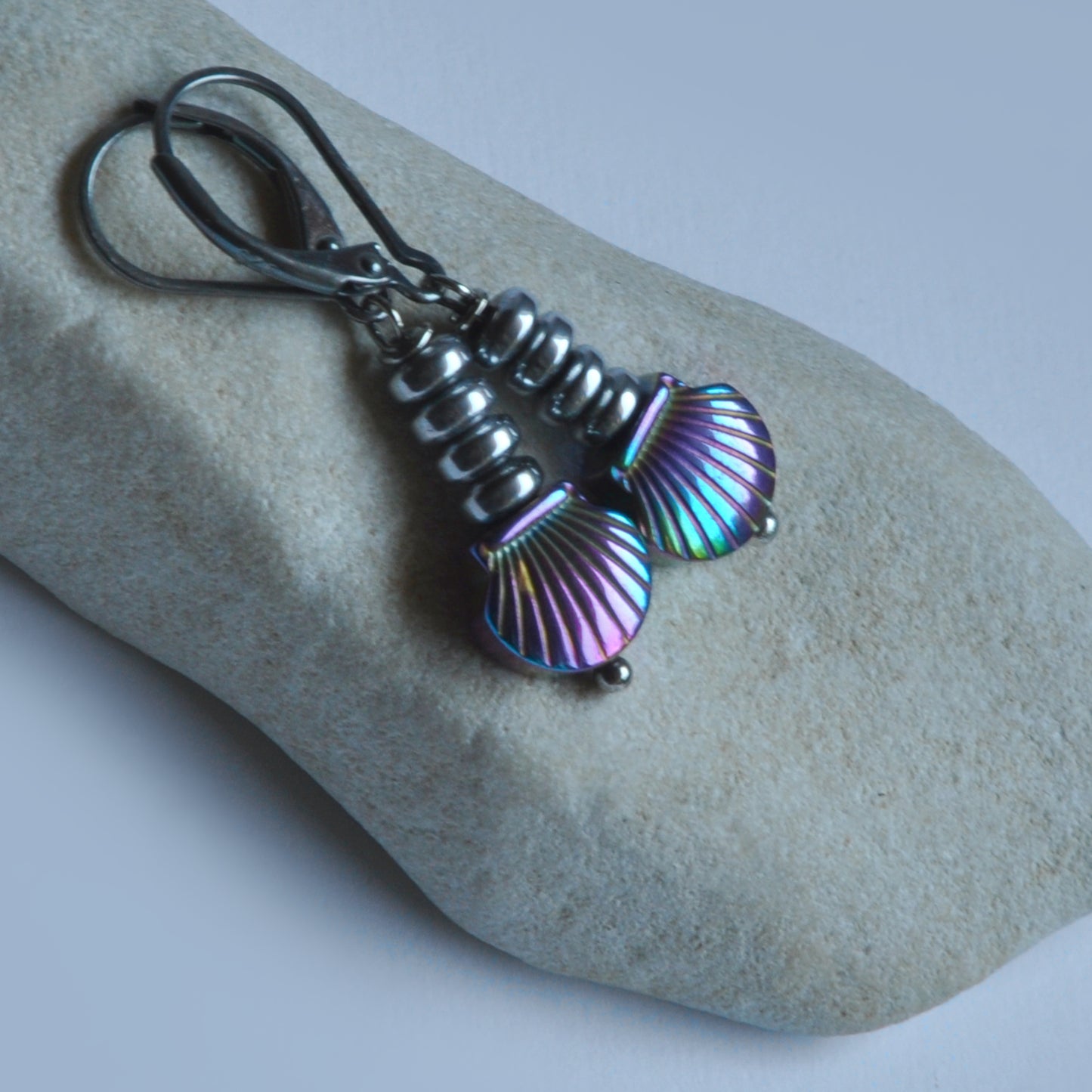 Silver earrings with hematite shells 'Sea Tales'