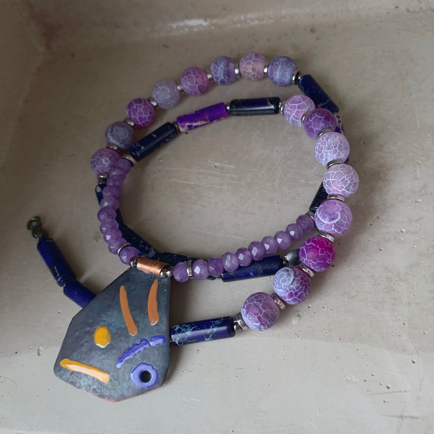 Necklace with gemstones and copper pendant 'Life on the Reef - Purple, Garnet and Ochre'