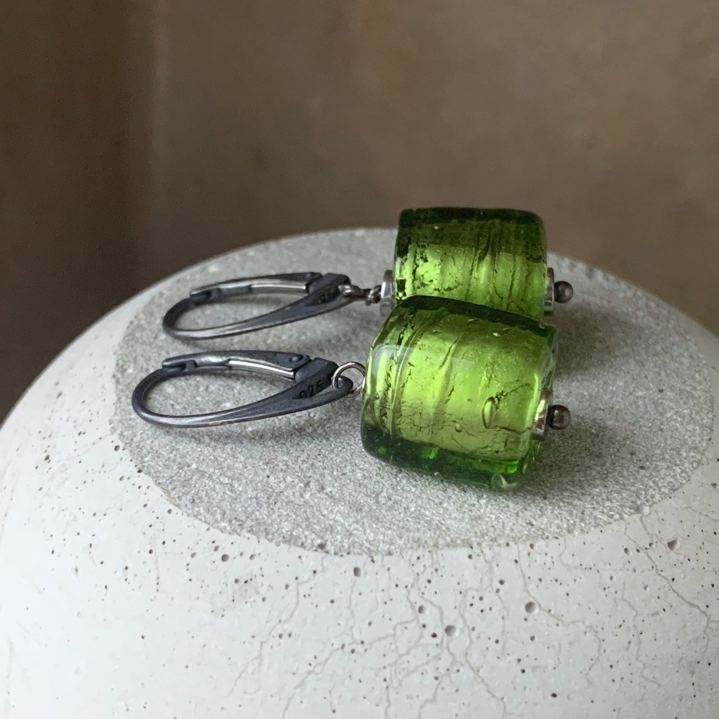 Silver and Venetian glass earrings in the form of irregular cubes 'Olive Venetian glass'