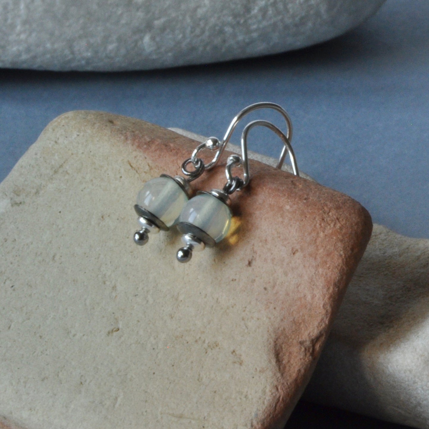 Handmade silver earrings with opalites in lemon-blue tones 'Opalite Lanterns'