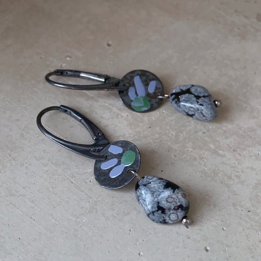 Earrings in silver and obsidian, with hand-enameled flowers 'Dalmatians on the Heath'