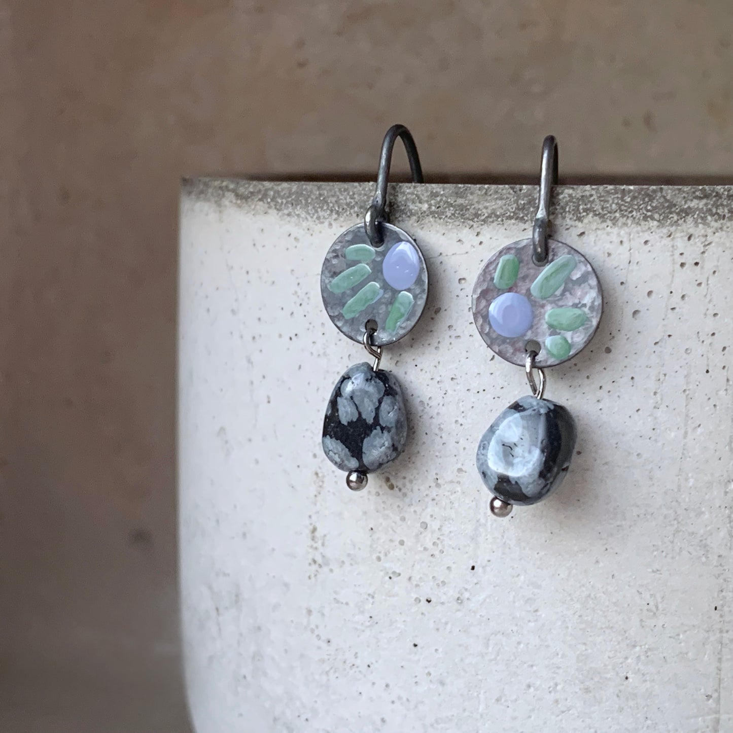 Silver earrings with obsidians 'Dalmatians in Negative - heather and green'