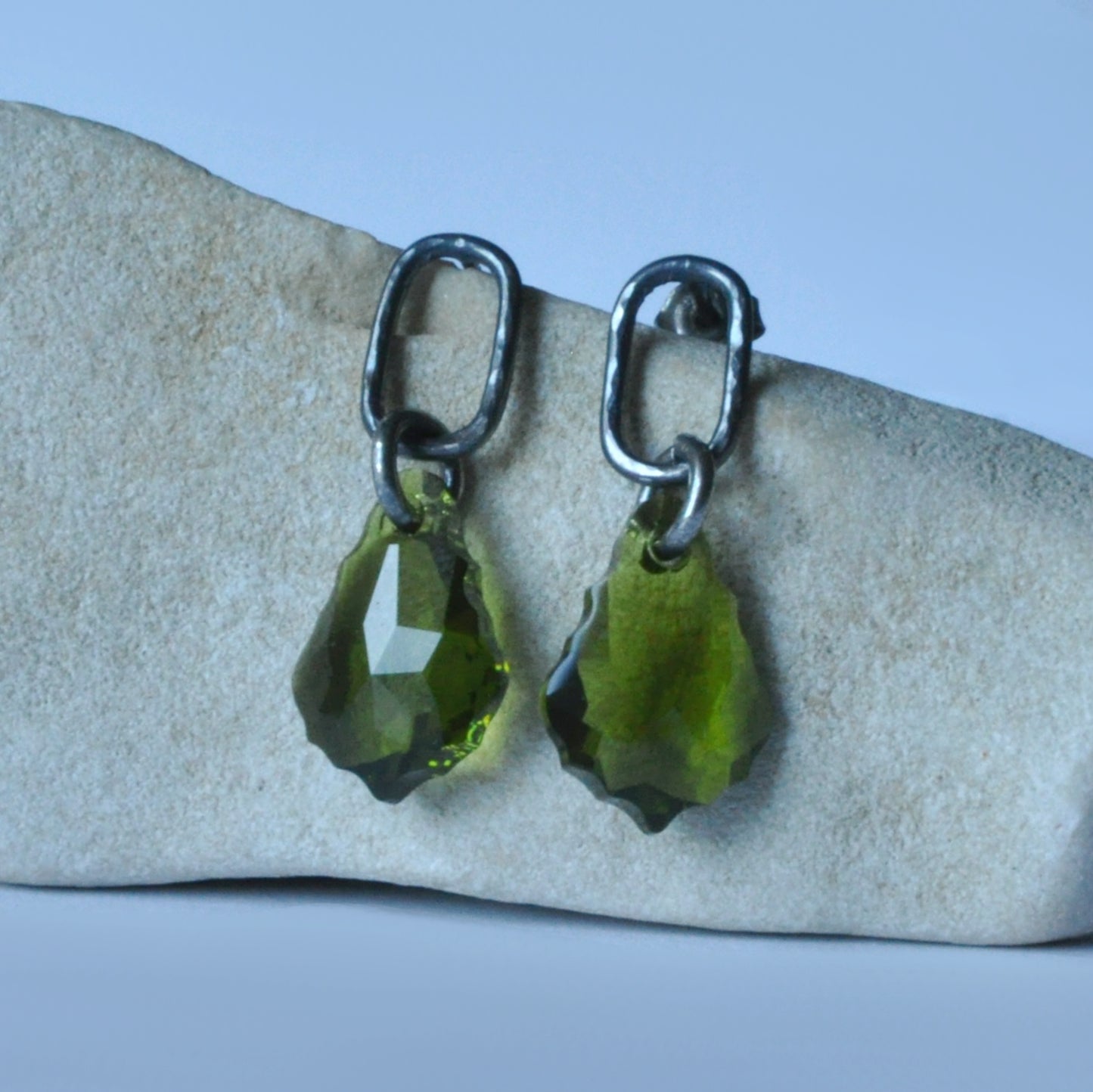 Silver stud earrings with Swarovski crystals in the color of olive green 'Forest Elves'