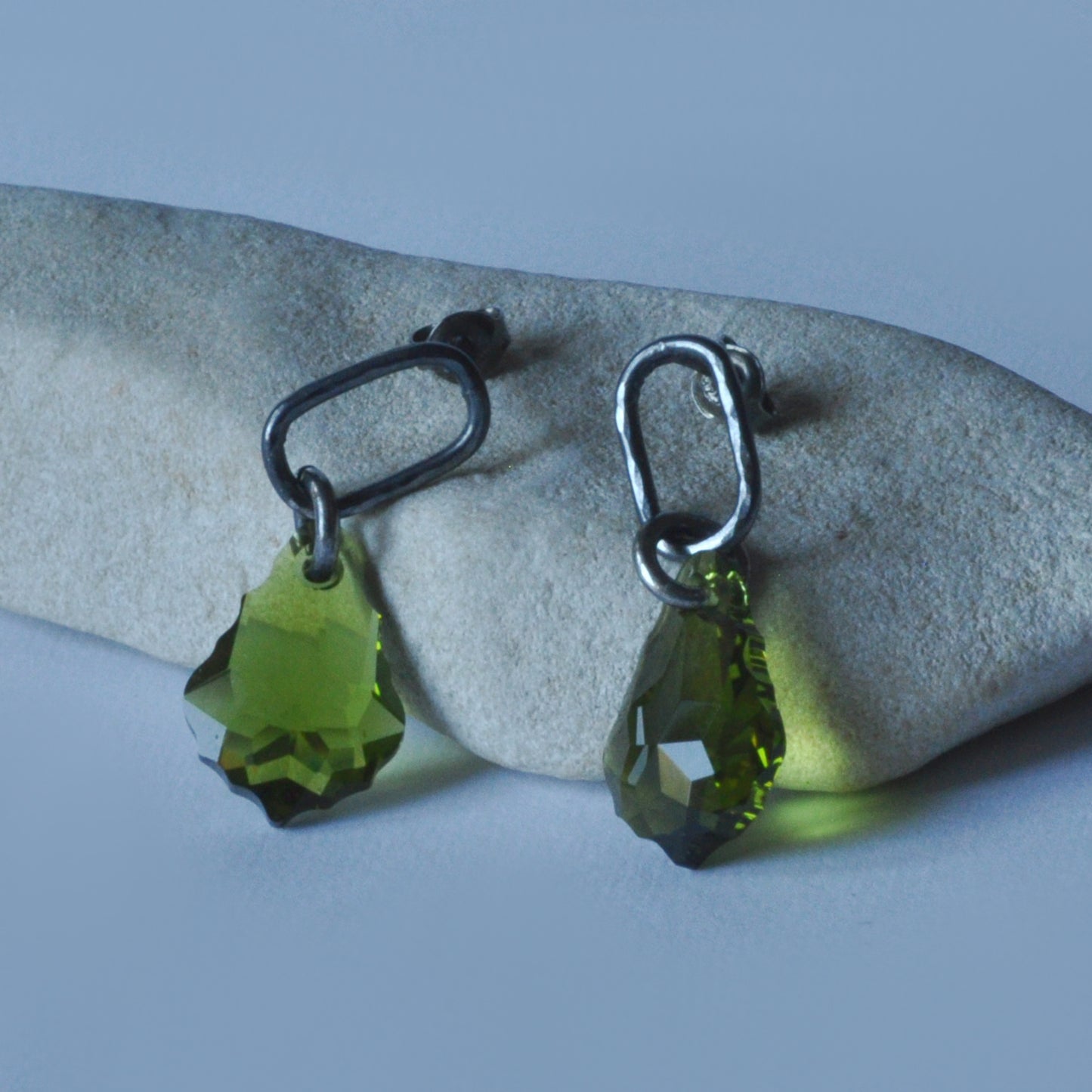 Silver stud earrings with Swarovski crystals in the color of olive green 'Forest Elves'