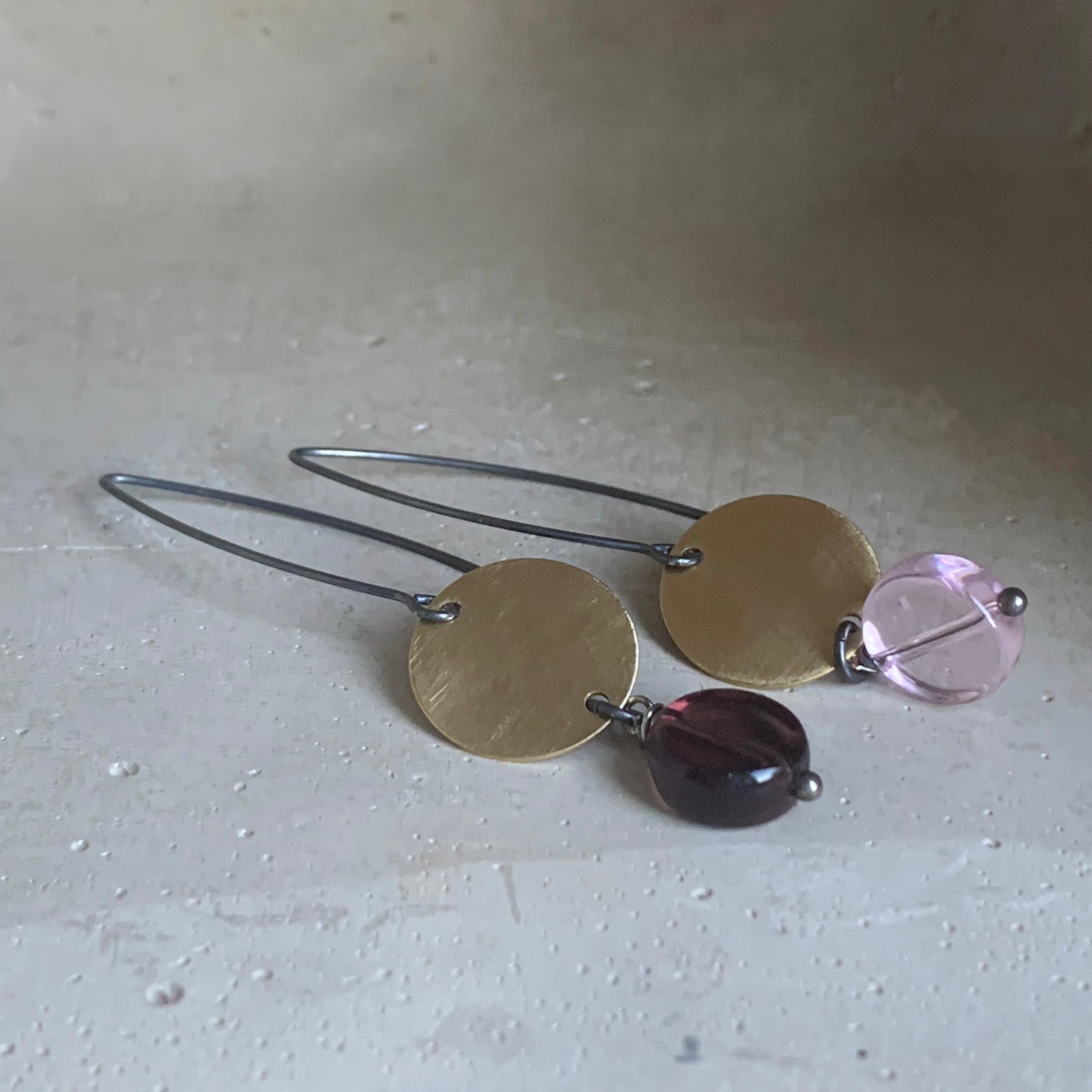 Dangle earrings made of brass, glass, and silver 'Duo'