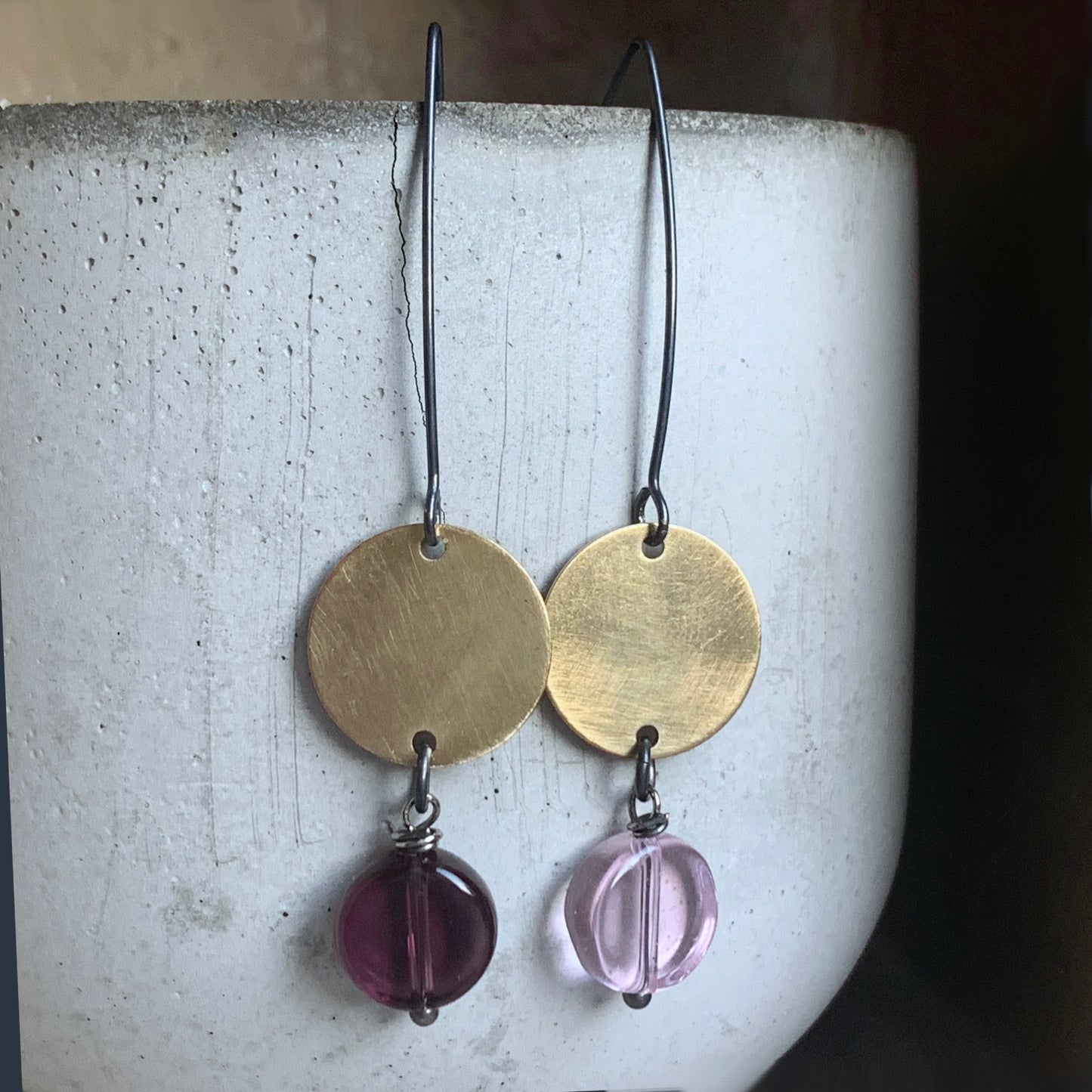 Dangle earrings made of brass, glass, and silver 'Duo'