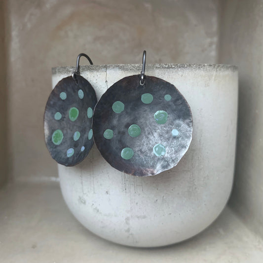 Copper enamel earrings with silver earwires 'Bowls in Green Dots'