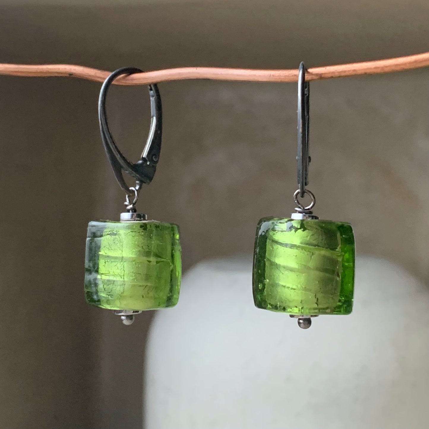 Silver and Venetian glass earrings in the form of irregular cubes 'Olive Venetian glass'