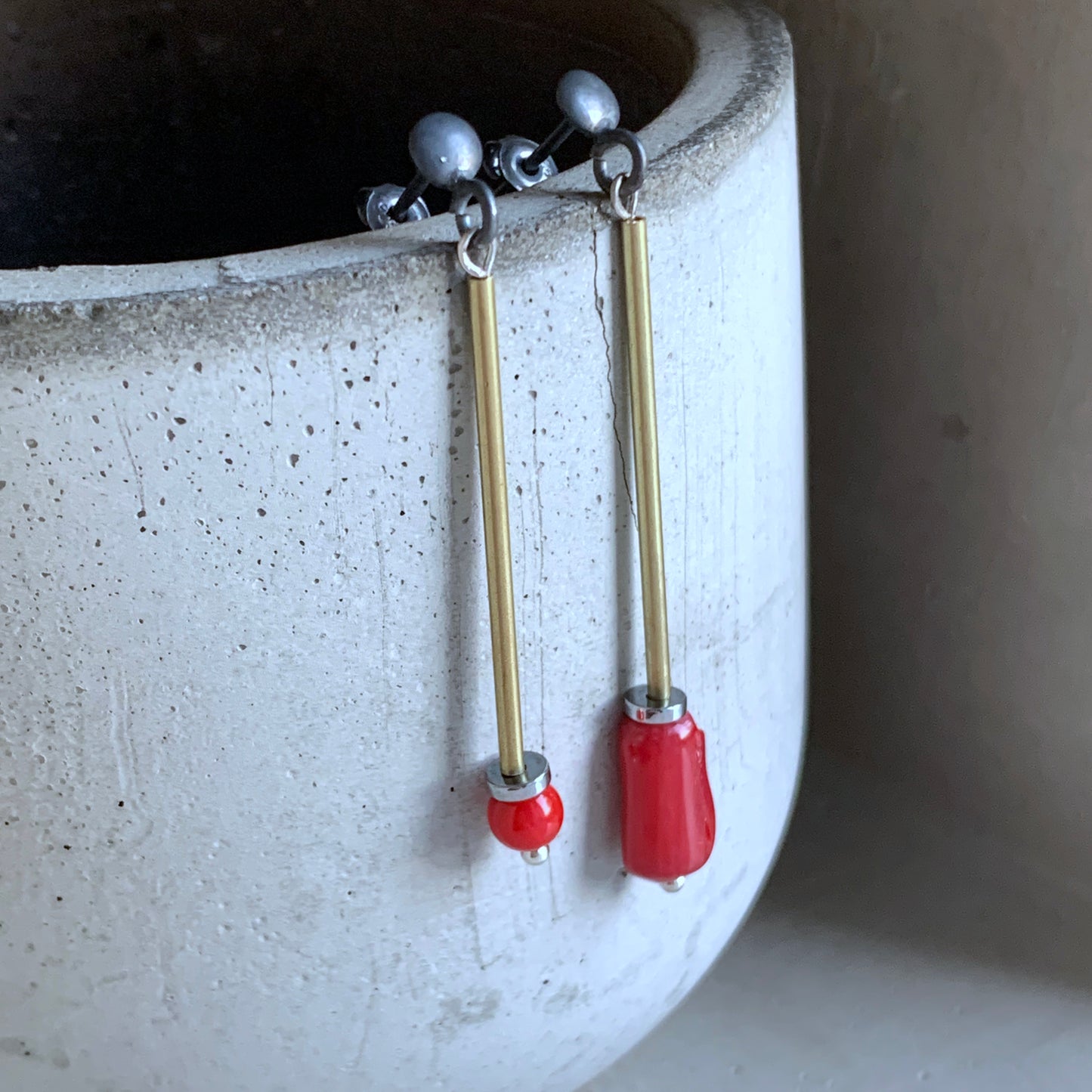 Brass, Coral, and Silver Stud Earrings – 'Golden Long & Coral'