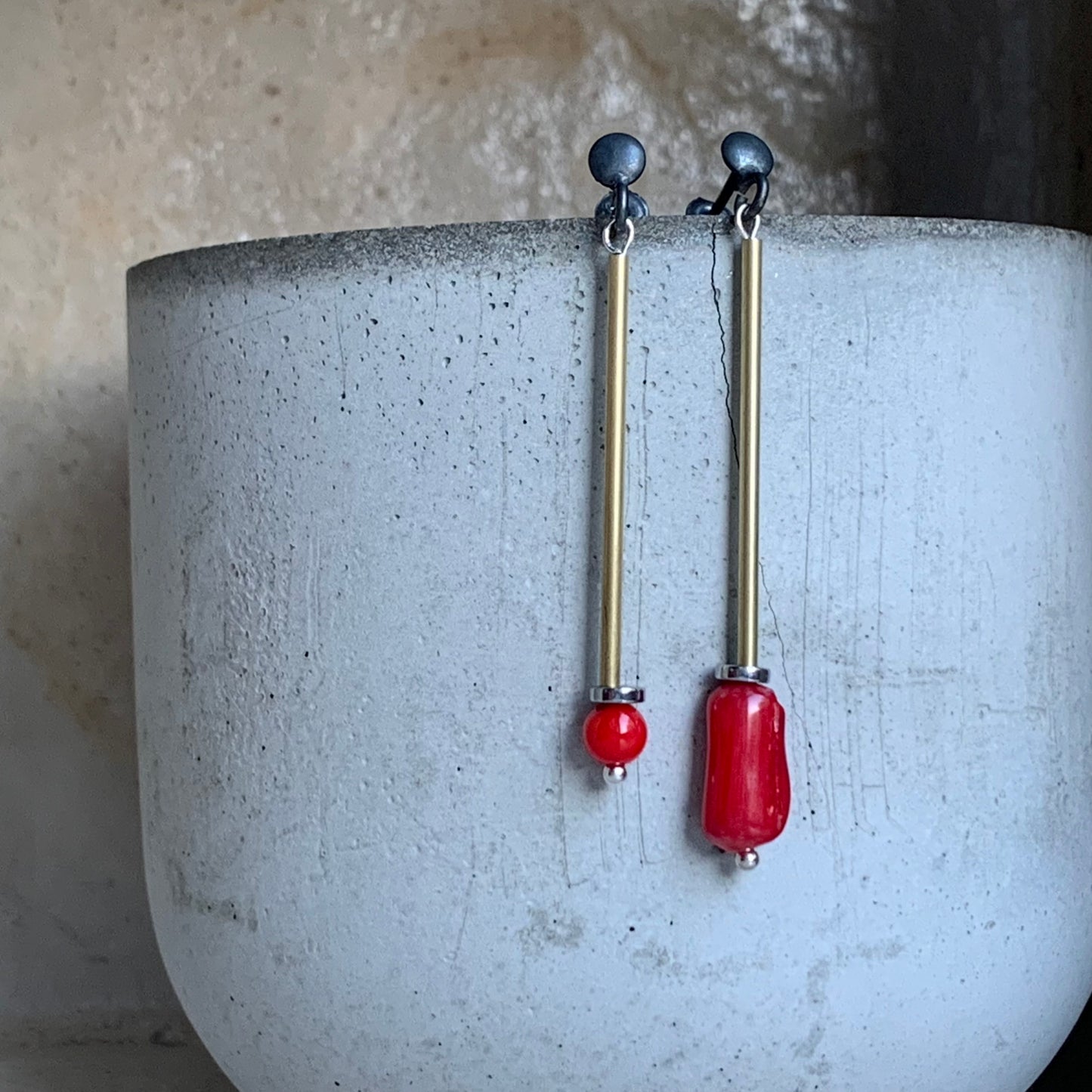 Brass, Coral, and Silver Stud Earrings – 'Golden Long & Coral'