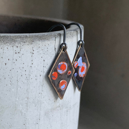 Enameled earrings in brass and silver 'Sea Creature with Coral Accent'