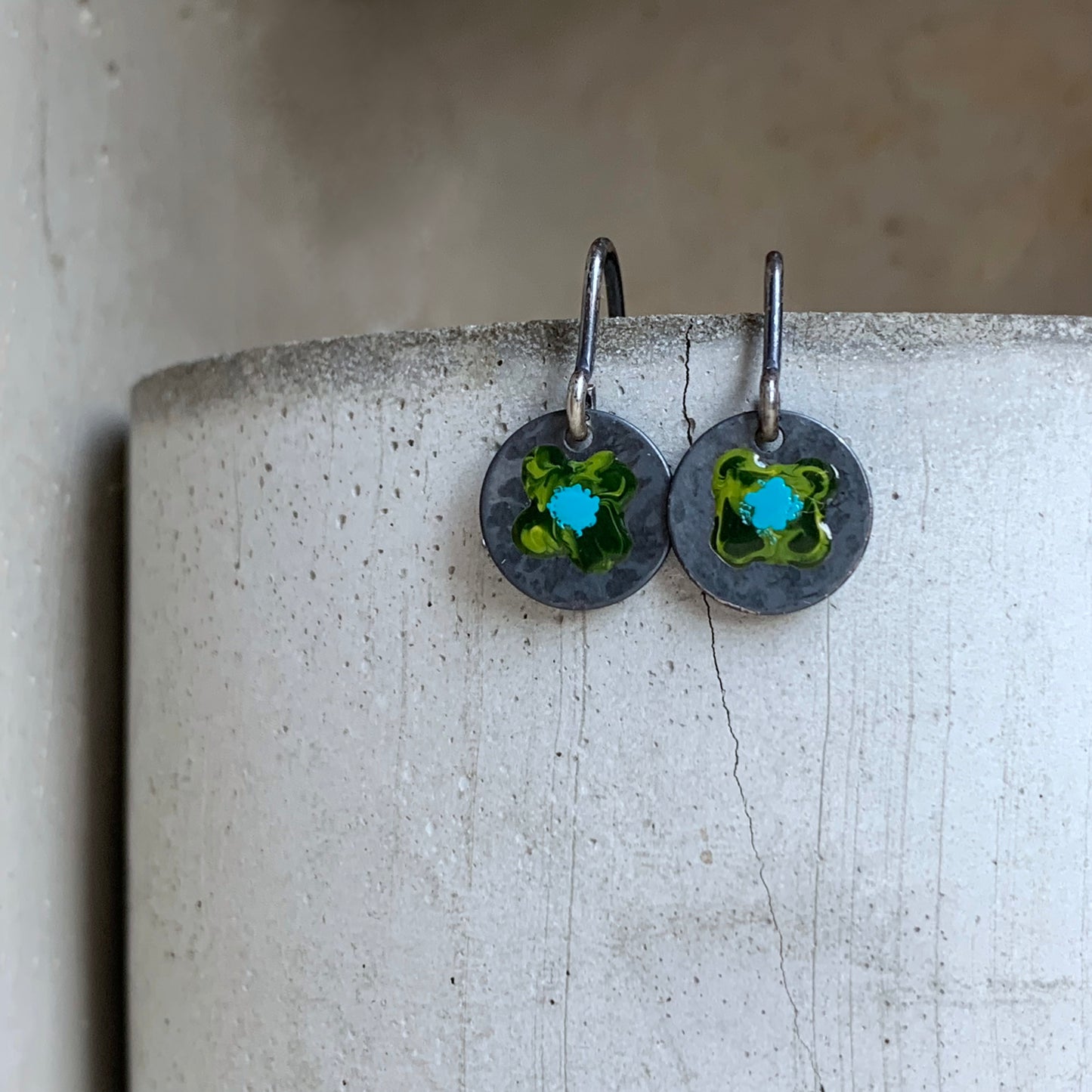 Fine silver earrings, hand-enameled 'Field Flowers - With Turquoise Accent'