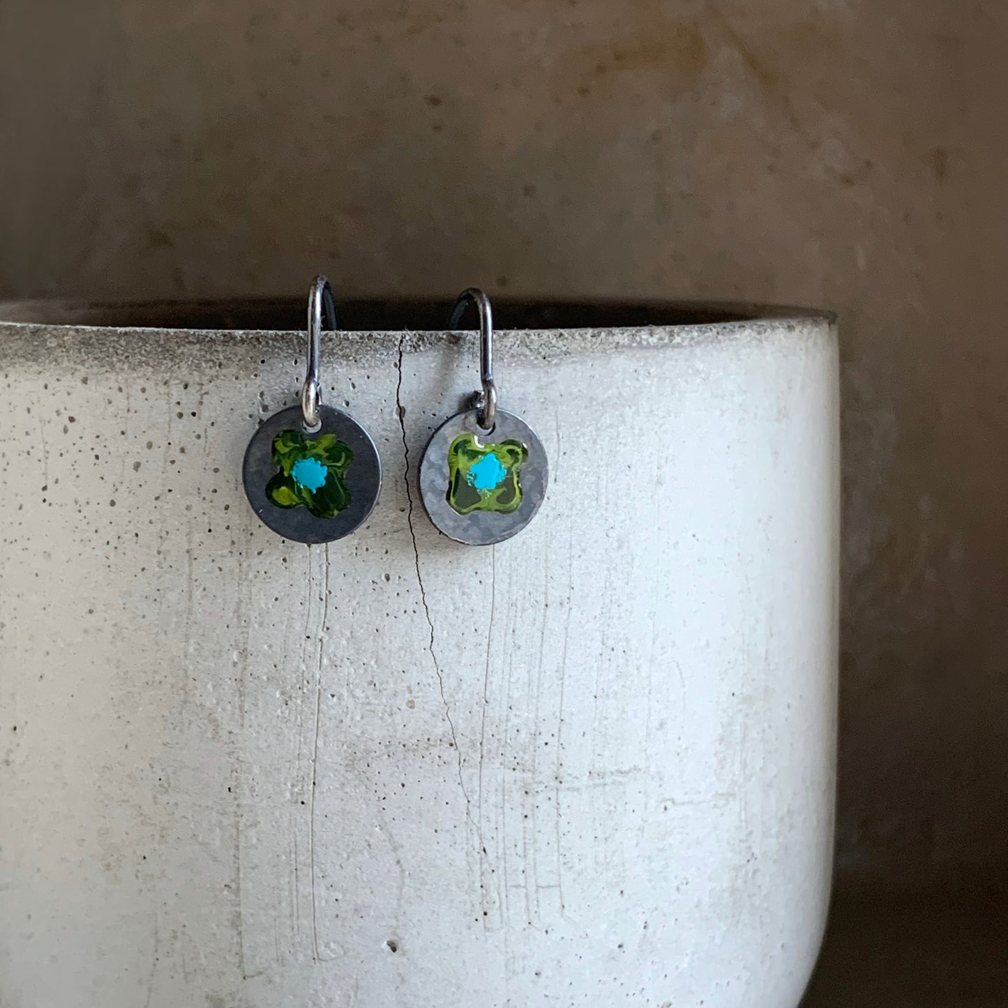 Fine silver earrings, hand-enameled 'Field Flowers - With Turquoise Accent'