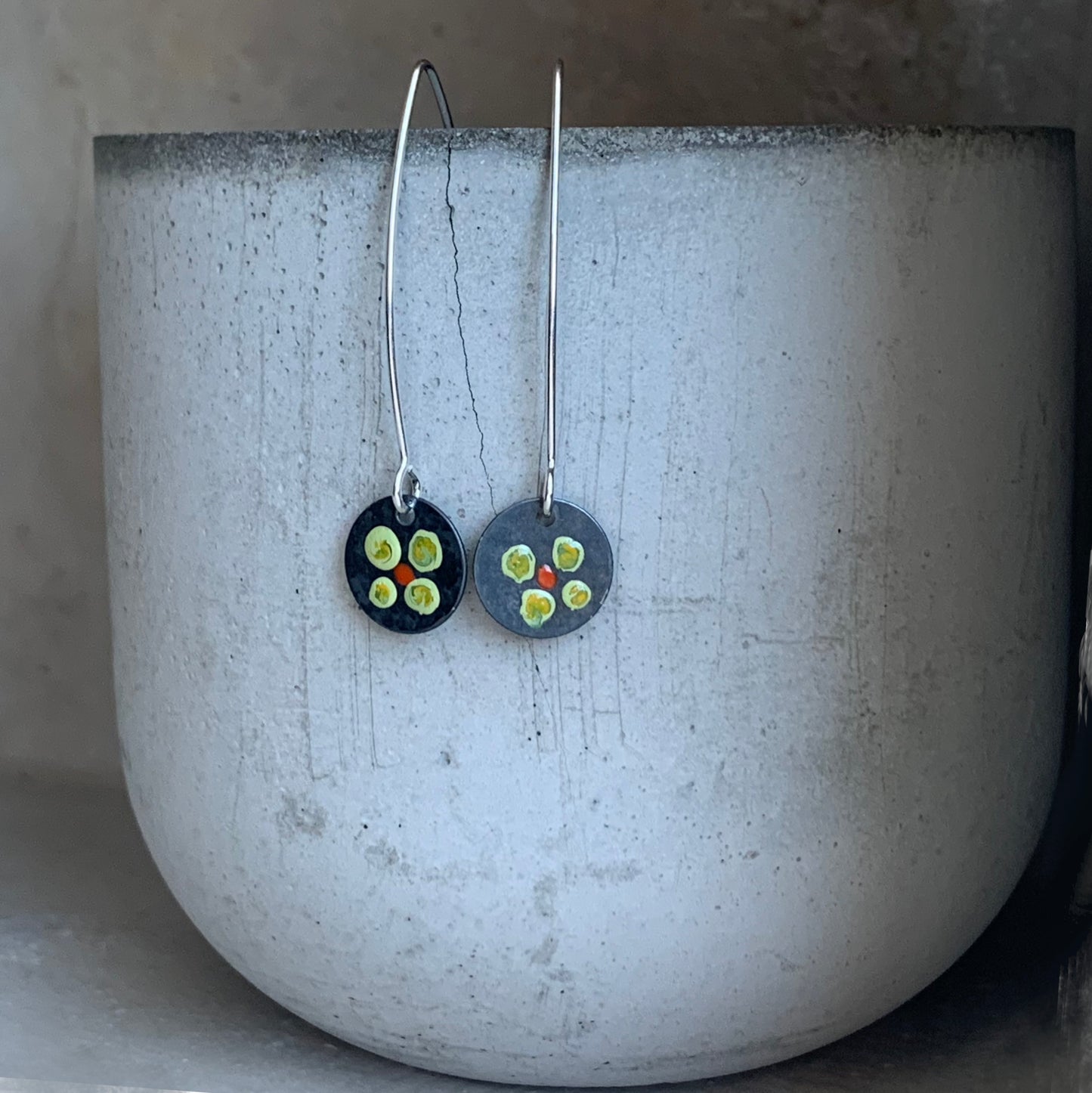 Silver earrings with hand-painted design 'Field Flowers - Lemon & Orange Red'