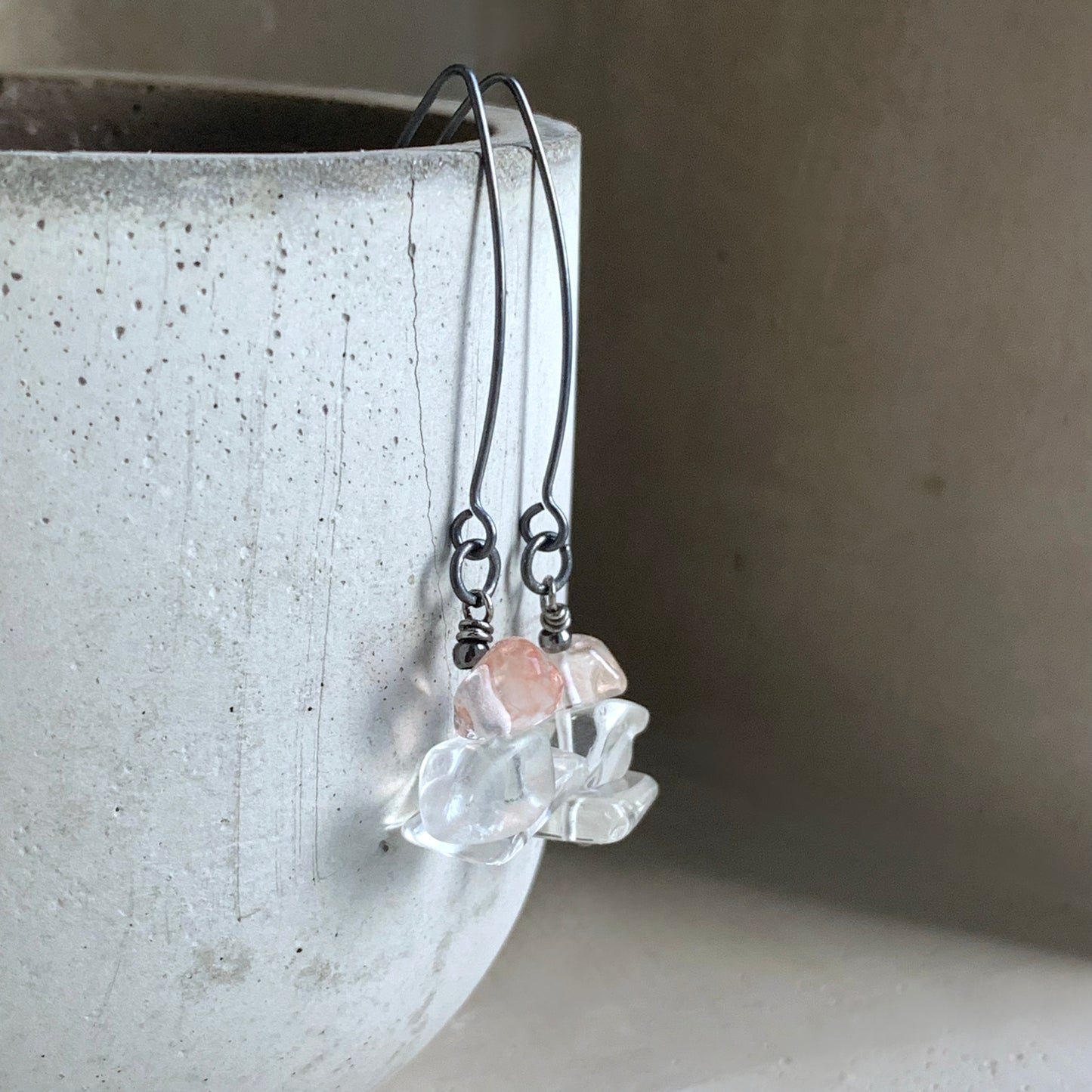 Pendientes de cristales naturales, cuarzo rosa y plata "Crystalline"