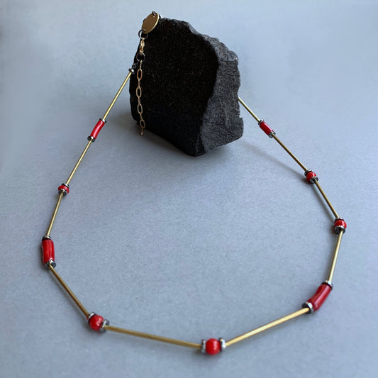 Brass, Coral, and Silver Necklace 'Golden & Small Coral'