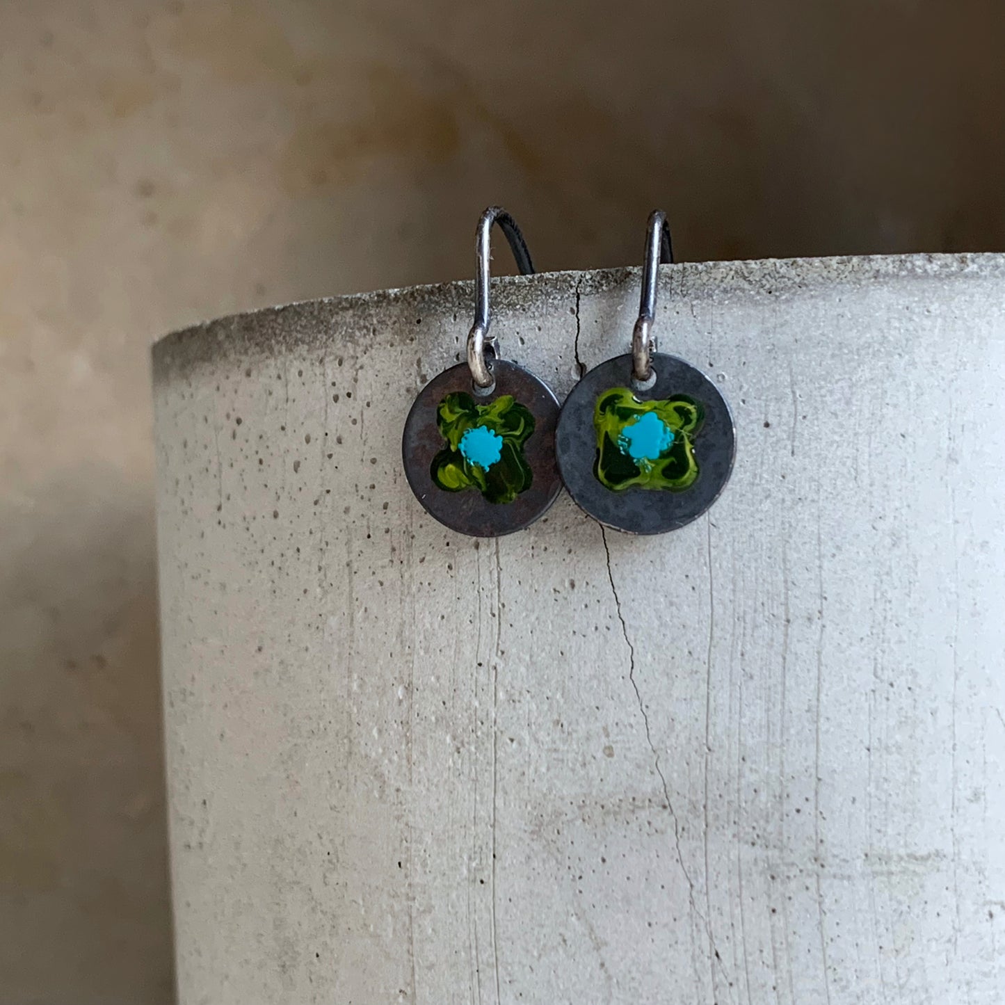 Fine silver earrings, hand-enameled 'Field Flowers - With Turquoise Accent'