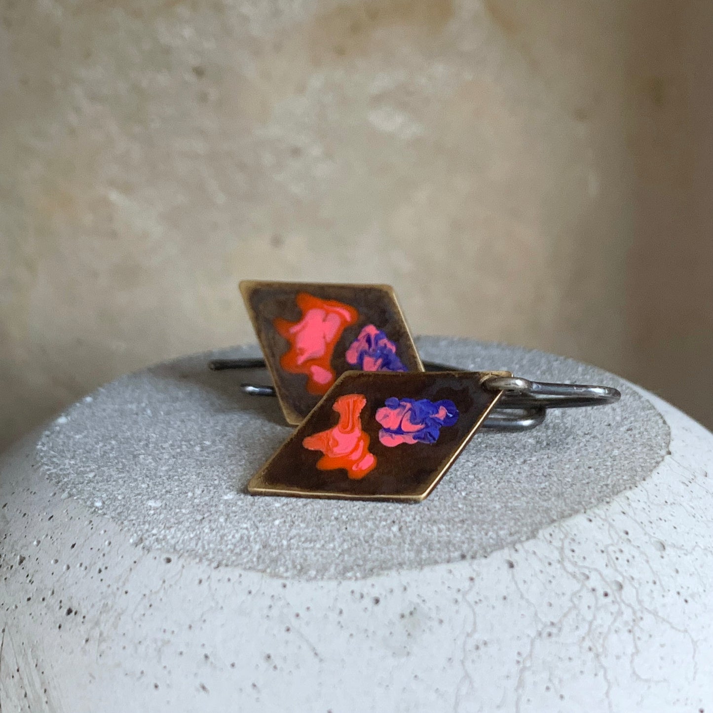 Geometric earrings with brass & silver 'Little Flowers - Violet and Orange with Pink'