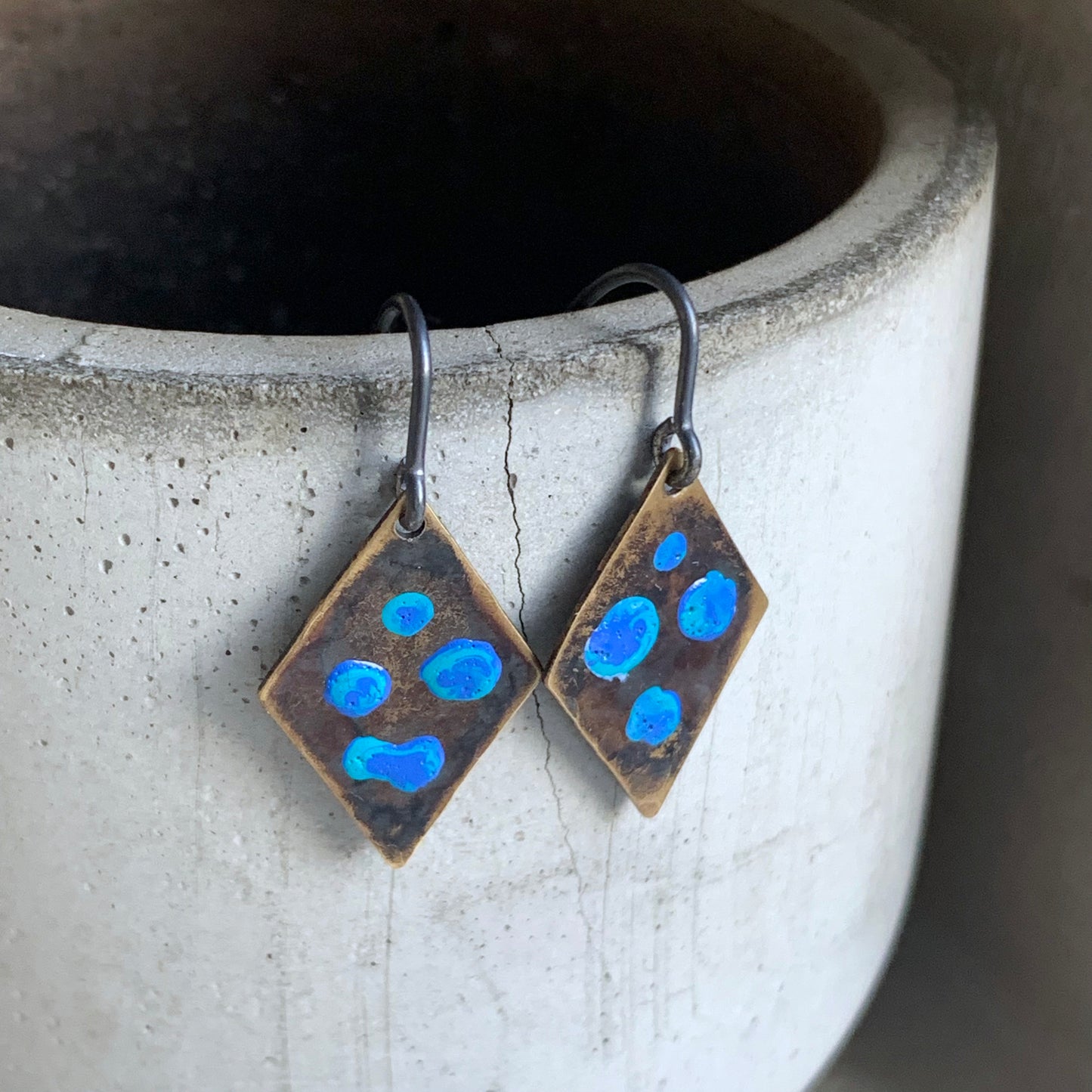 Brass and Silver Geometric Earrings 'Blue Dots'