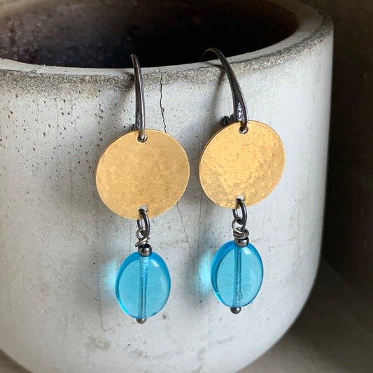 Earrings made of brass, silver, and glass 'Behind the Clouds'