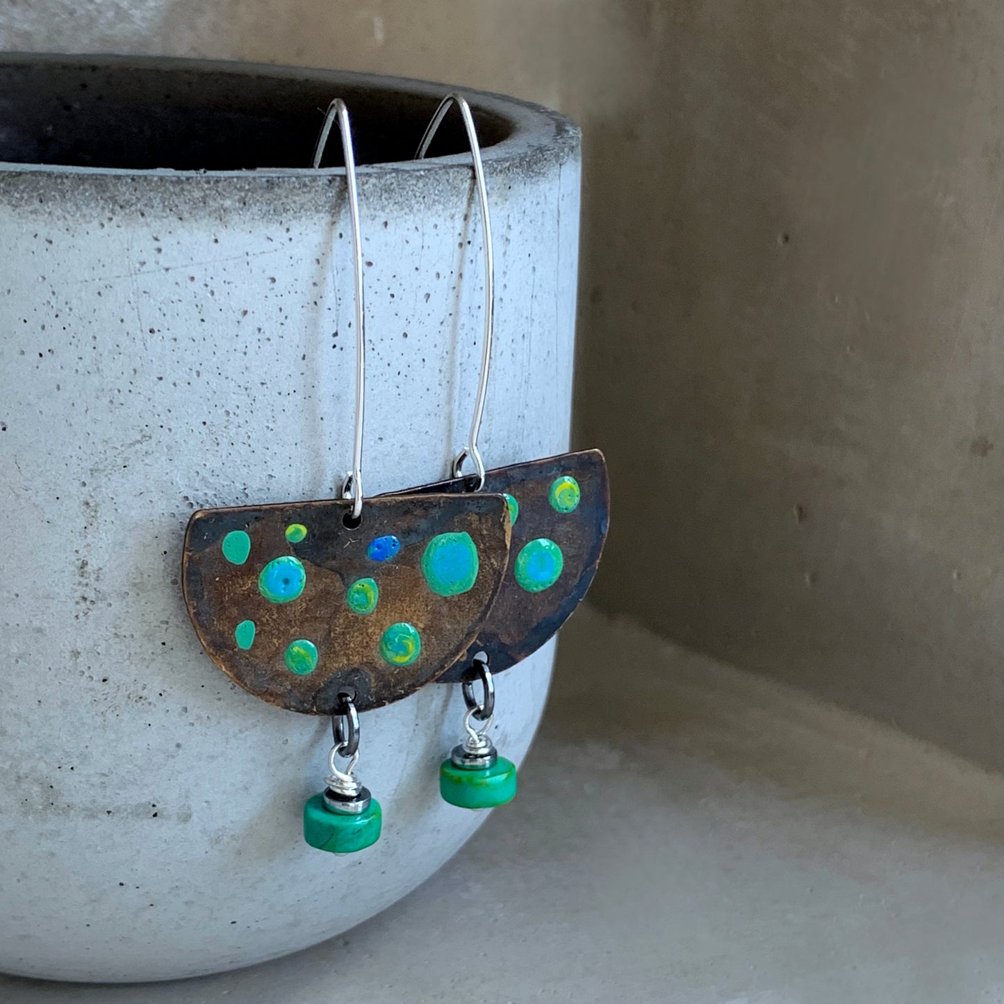 Brass, Natural Turquoise, and Silver Earrings 'Turquoise Dots'