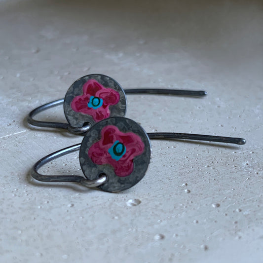 Enameled silver earrings 'Field Flowers - Burgundy & Turquoise'