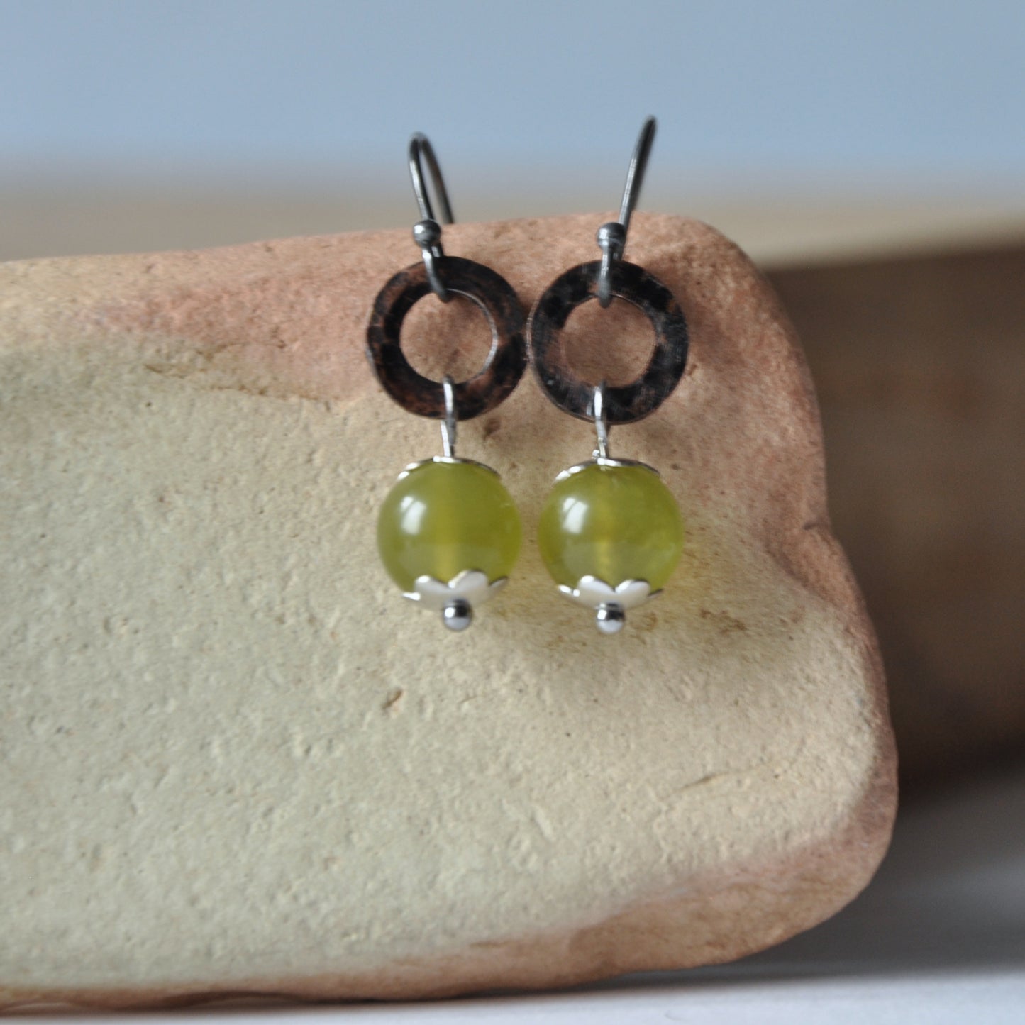 Silver earrings with jade and copper 'Green Apples'