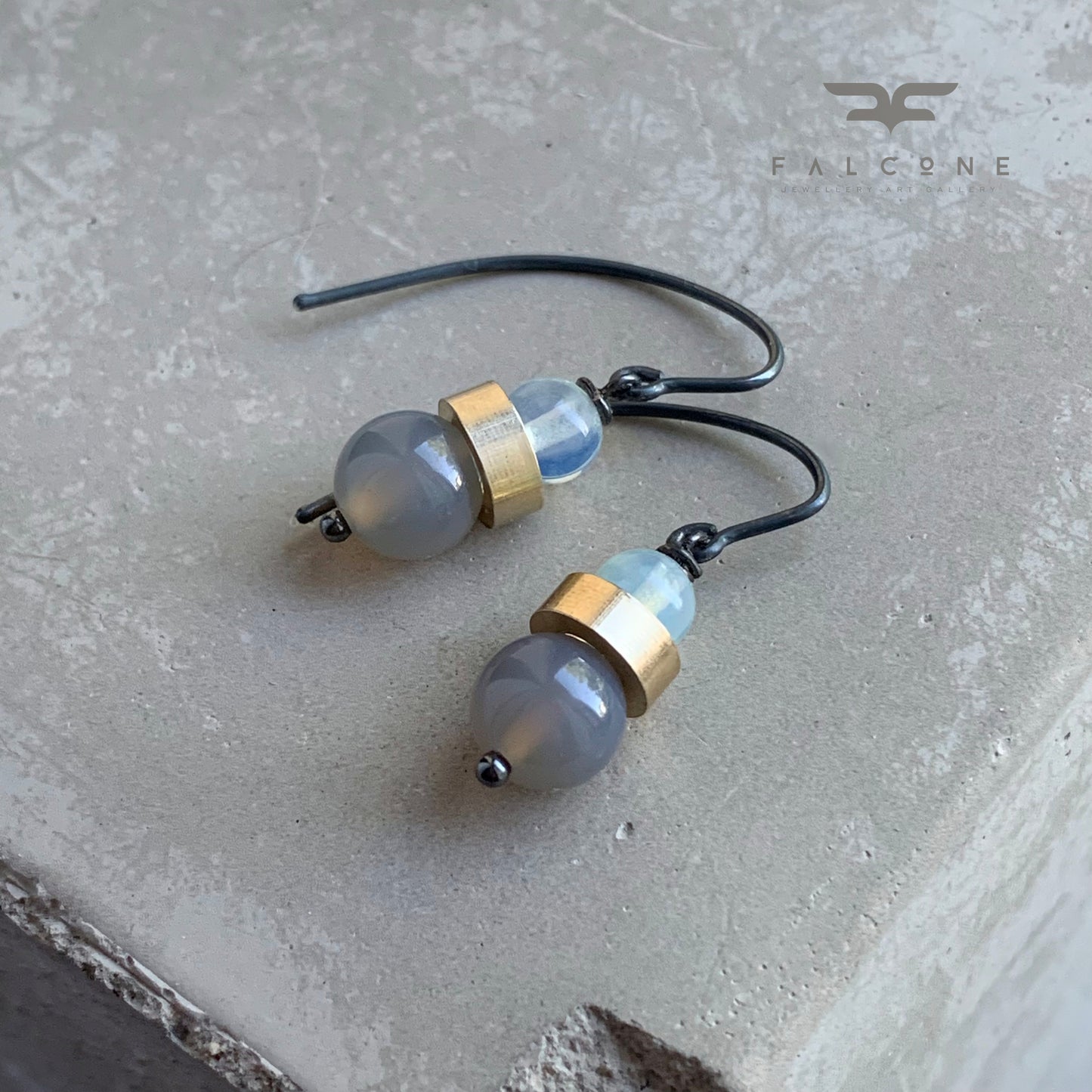 Mineral, Brass and Sterling Silver Earrings 'Ashy Agate & Misty Opalite'