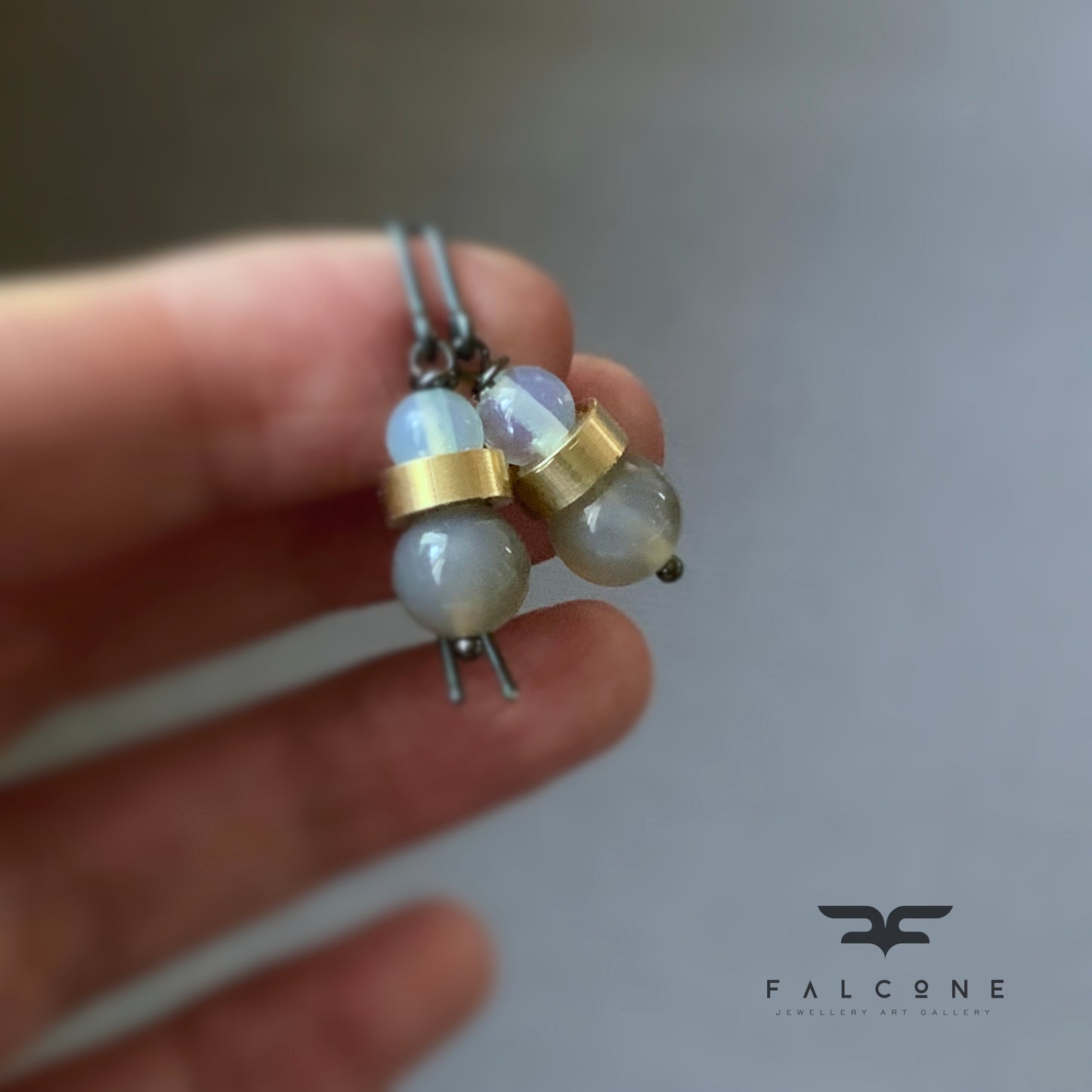 Mineral, Brass and Sterling Silver Earrings 'Ashy Agate & Misty Opalite'