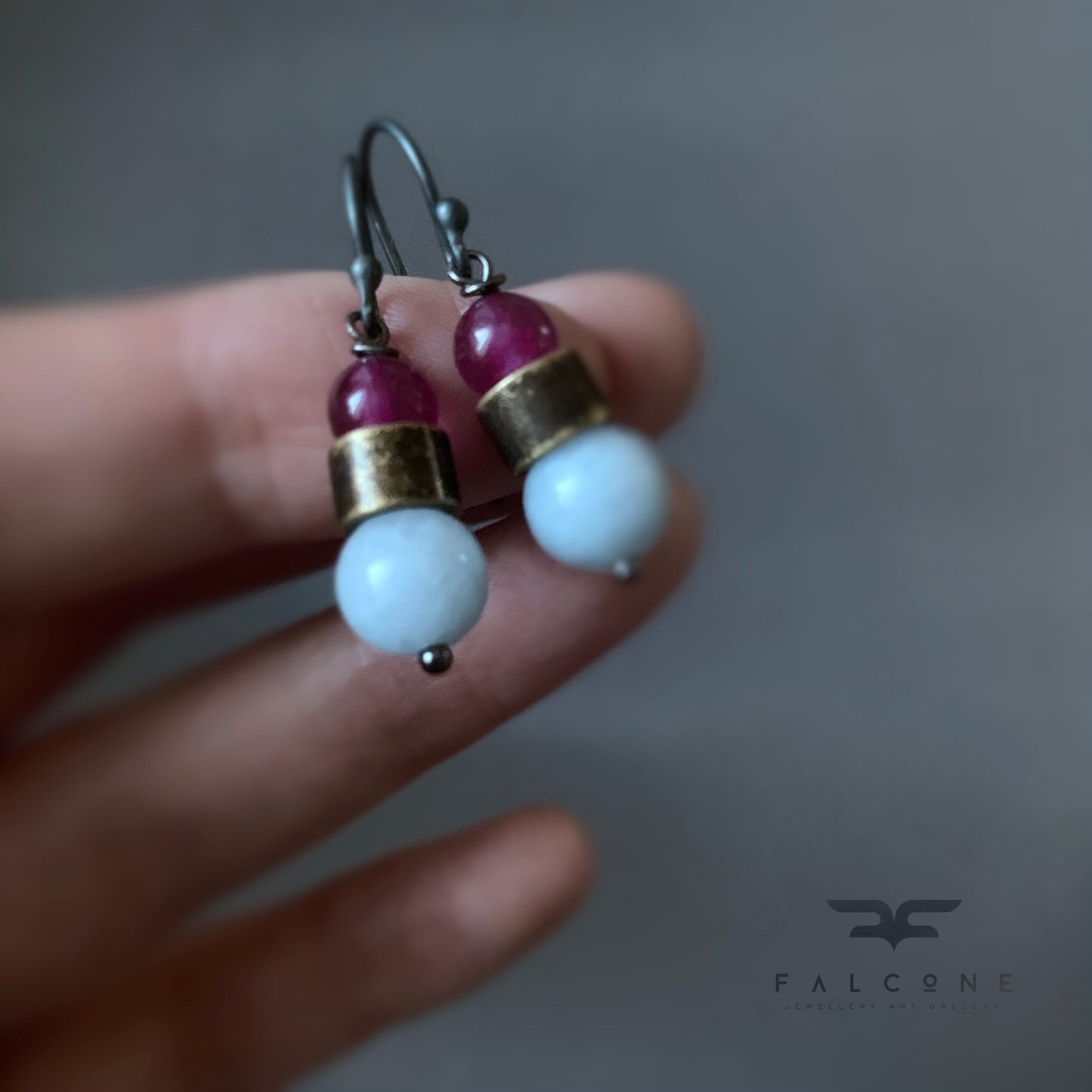 Jadeite, Agate Brass and Silver Earrings 'Baby Blue & Rose'