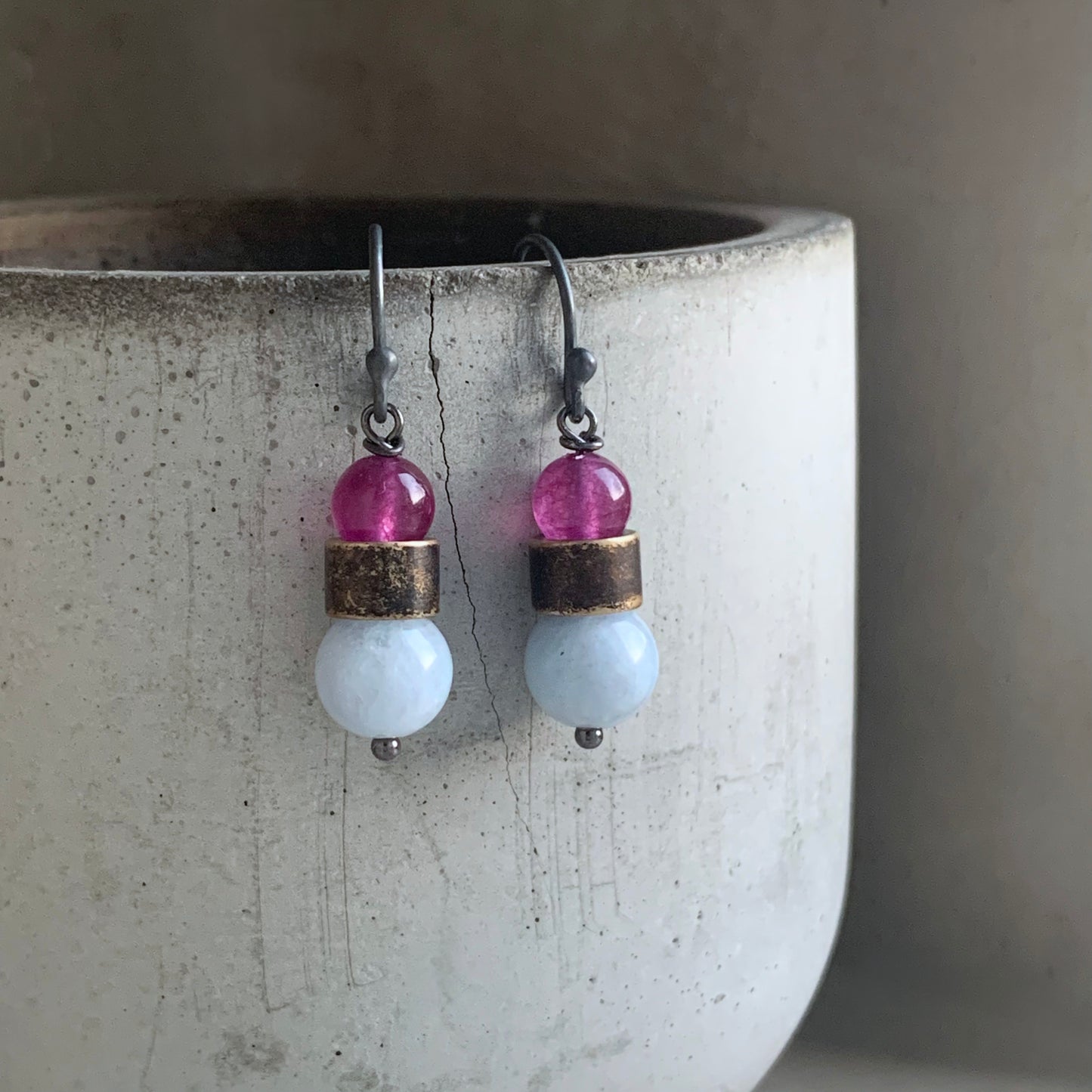 Jadeite, Agate Brass and Silver Earrings 'Baby Blue & Rose'