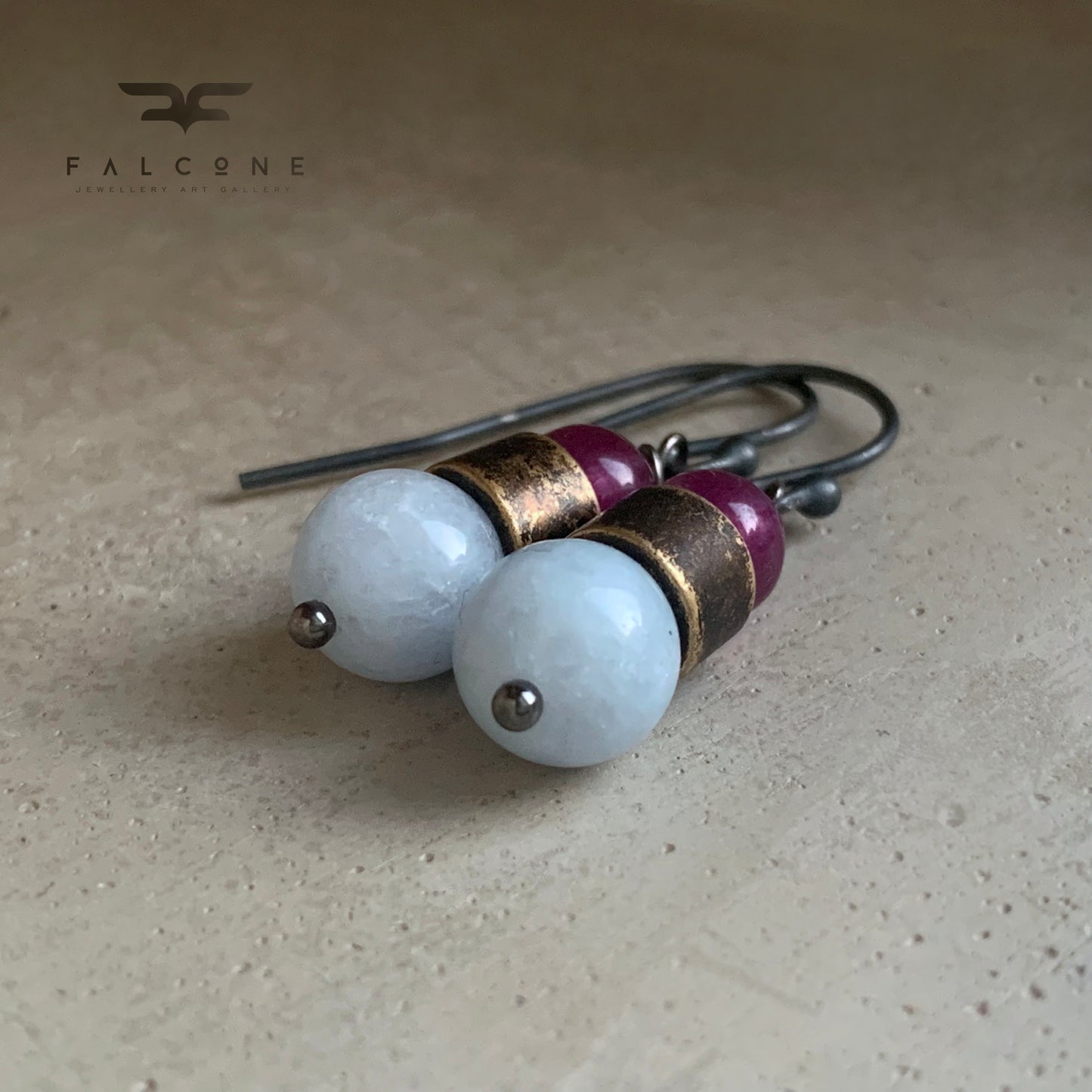 Jadeite, Agate Brass and Silver Earrings 'Baby Blue & Rose'