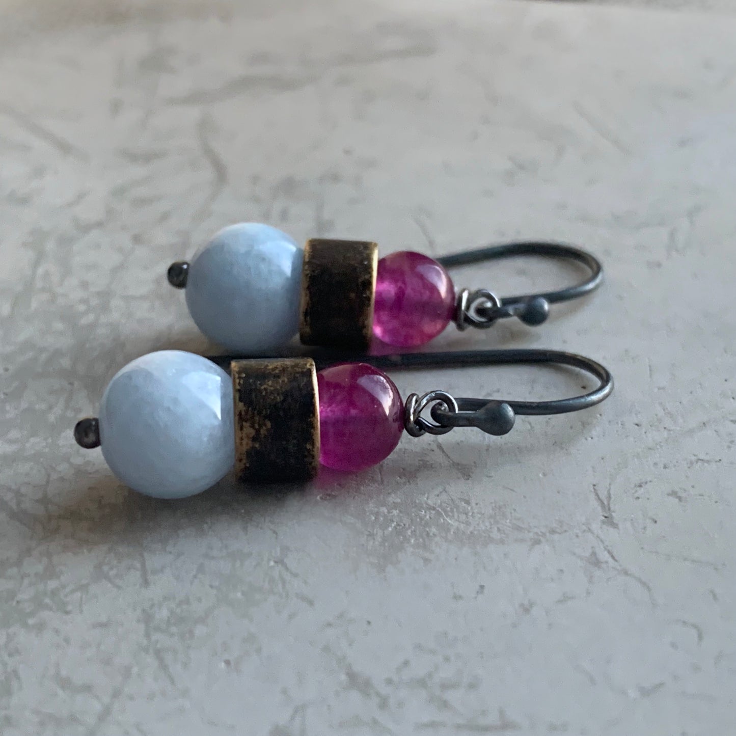 Jadeite, Agate Brass and Silver Earrings 'Baby Blue & Rose'