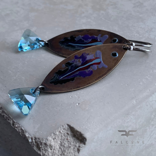 Brass, Swarovski Crystal and Sterling Silver Earrings ‘Fish & Aquamarine Tail’