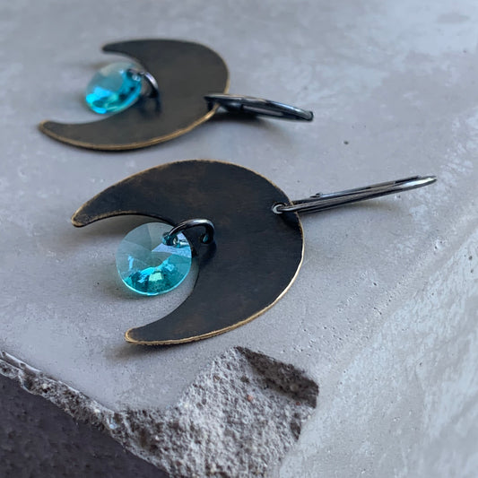 Brass, Swarovski Crystal and Sterling Silver Earrings 'Dark Moon & Turquoise Glow'