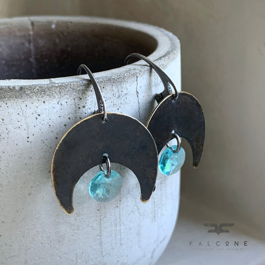 Brass, Swarovski Crystal and Sterling Silver Earrings 'Dark Moon & Turquoise Glow'
