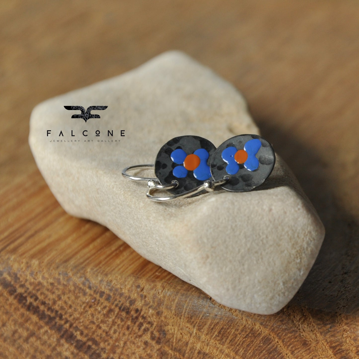 Silver earrings with enamel 'Field Flowers - Blue & Orange Ochre'