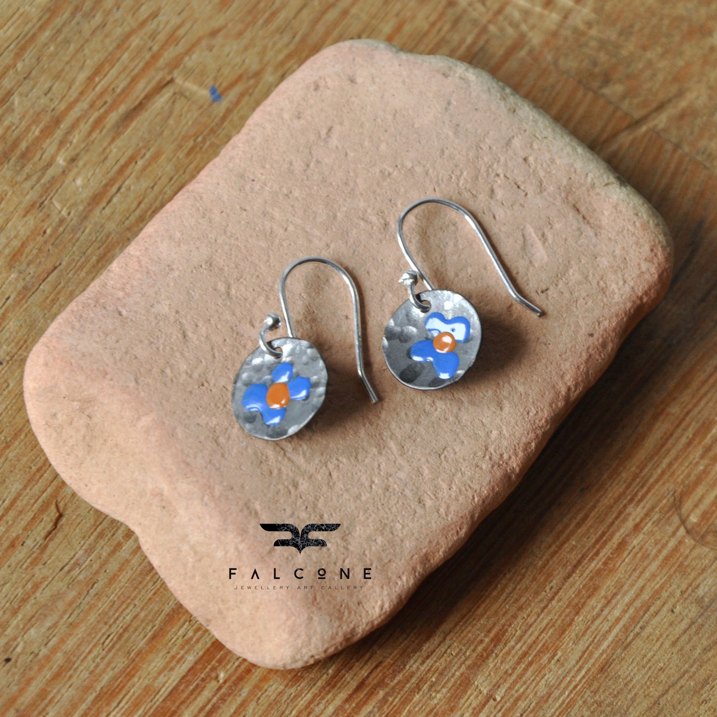 Silver earrings with enamel 'Field Flowers - Blue & Orange Ochre'