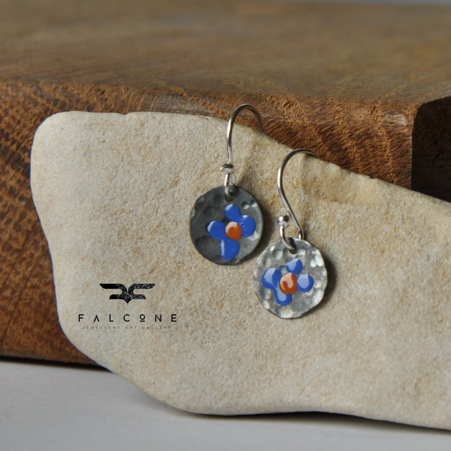 Silver earrings with enamel 'Field Flowers - Blue & Orange Ochre'