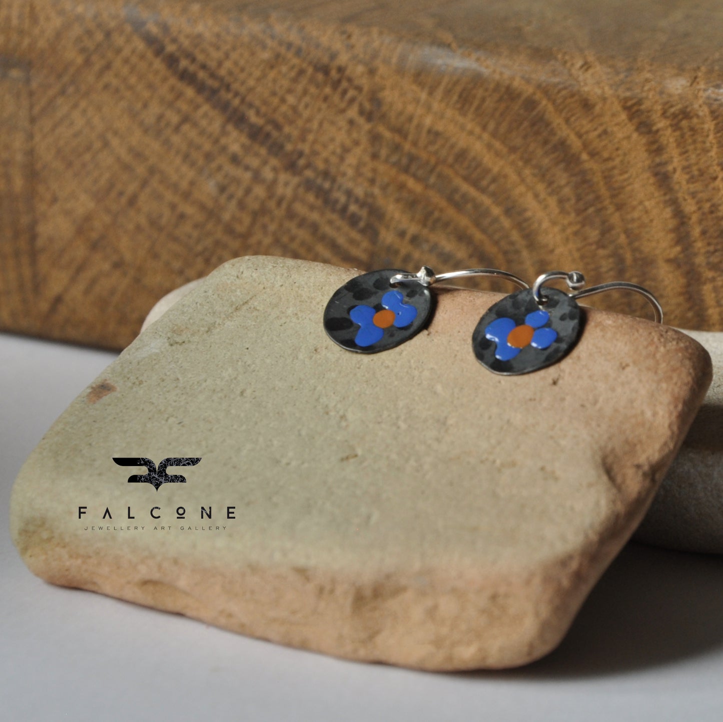 Silver earrings with enamel 'Field Flowers - Blue & Orange Ochre'