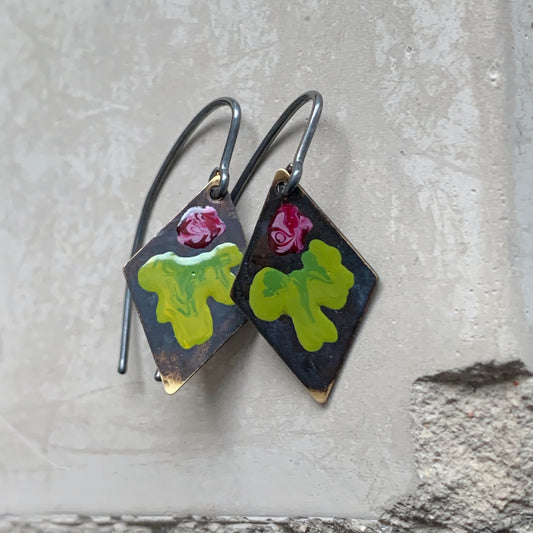 Brass and Silver Earrings 'Little Flowers – Burgundy & Green Lime'