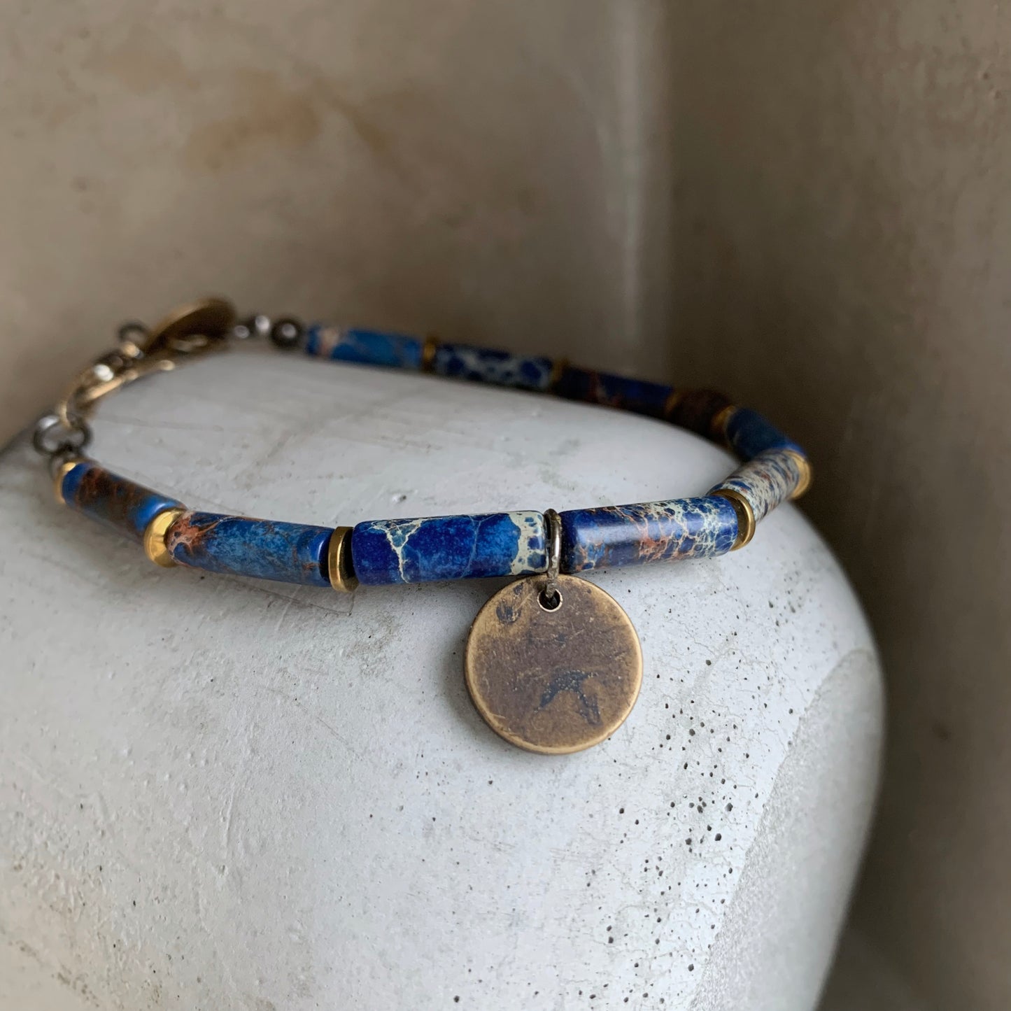 Adjustable Bracelet with Gemstones and Brass 'Blue Jeans Jasper'